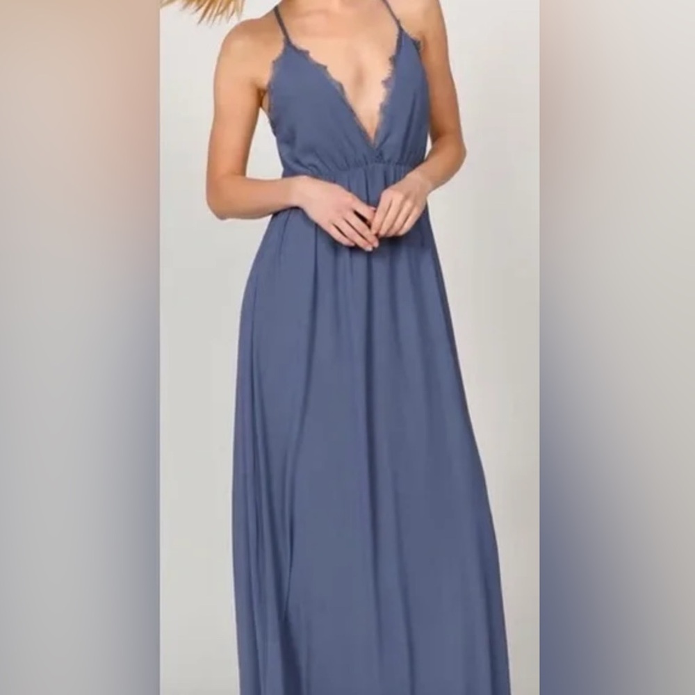 Tobi Slate Blue Lace-Trim Crisscross Maxi Dress – Size S